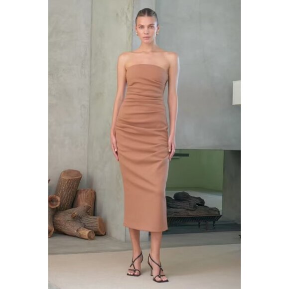 MISHA Calandra Dress in Praline 6 Womens Midi Ruched Cocktail Party - Picture 10 of 14